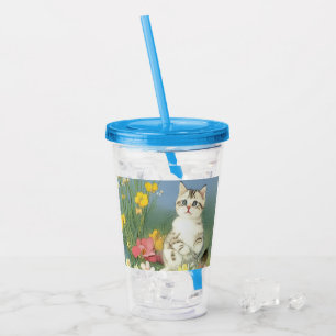 Vintage Kitten Illustration with Yellow Flowers Acrylic Tumbler