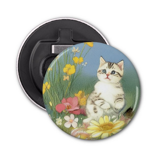 Vintage Kitten Illustration with Yellow Flowers Bottle Opener (Front)