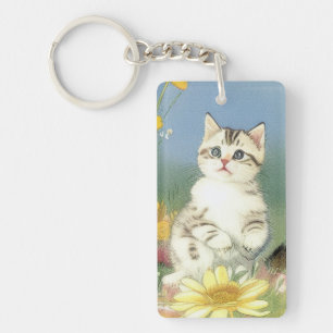 Vintage Kitten Illustration with Yellow Flowers Key Ring