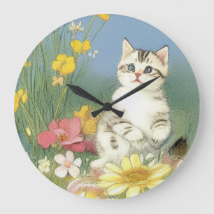 Vintage Kitten Illustration with Yellow Flowers Large Clock