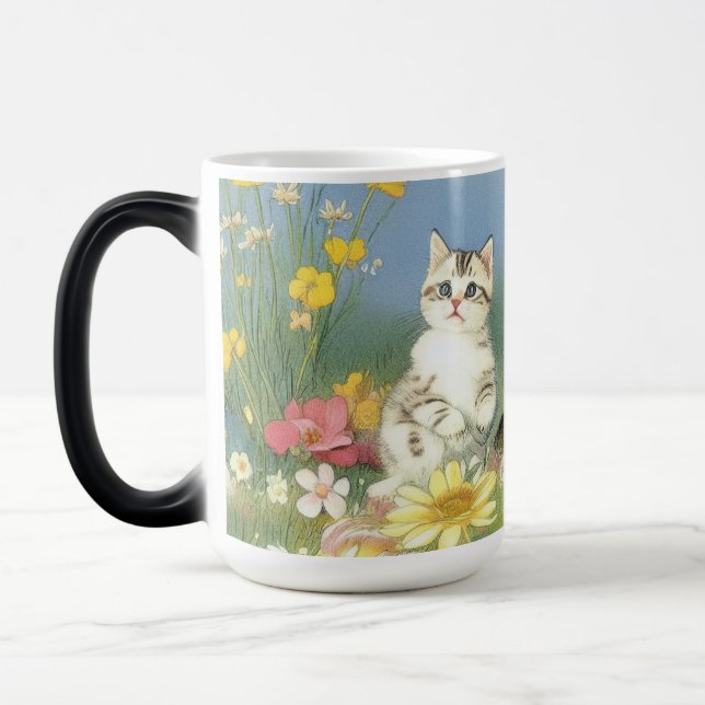 Vintage Kitten Illustration with Yellow Flowers Magic Mug (Left)