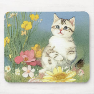 Vintage Kitten Illustration with Yellow Flowers Mouse Pad