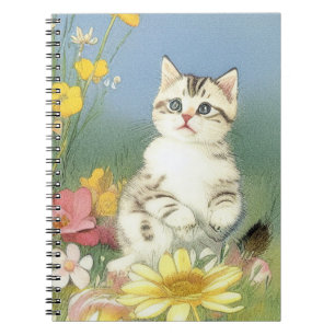 Vintage Kitten Illustration with Yellow Flowers Notebook