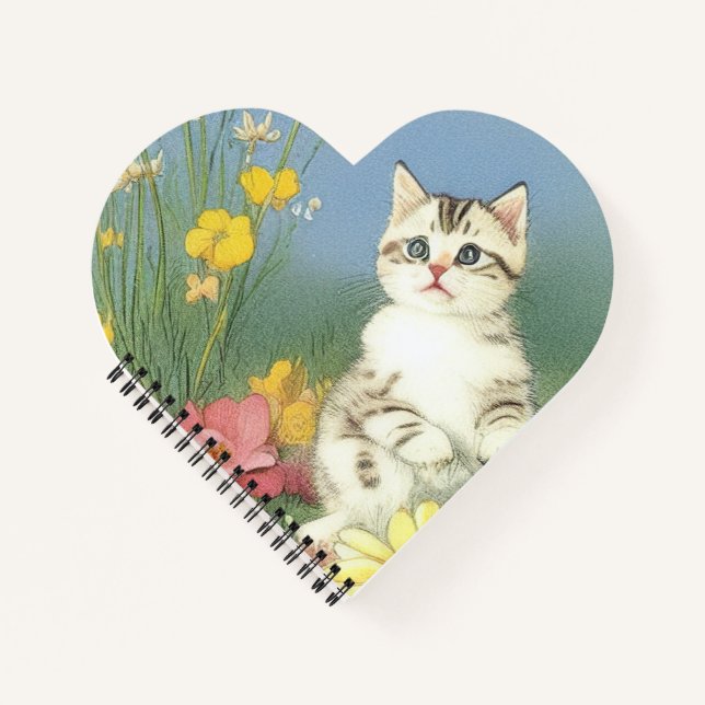 Vintage Kitten Illustration with Yellow Flowers Notebook (Front)