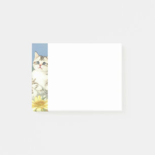 Vintage Kitten Illustration with Yellow Flowers Post-it Notes
