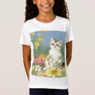Vintage Kitten Illustration with Yellow Flowers T-Shirt