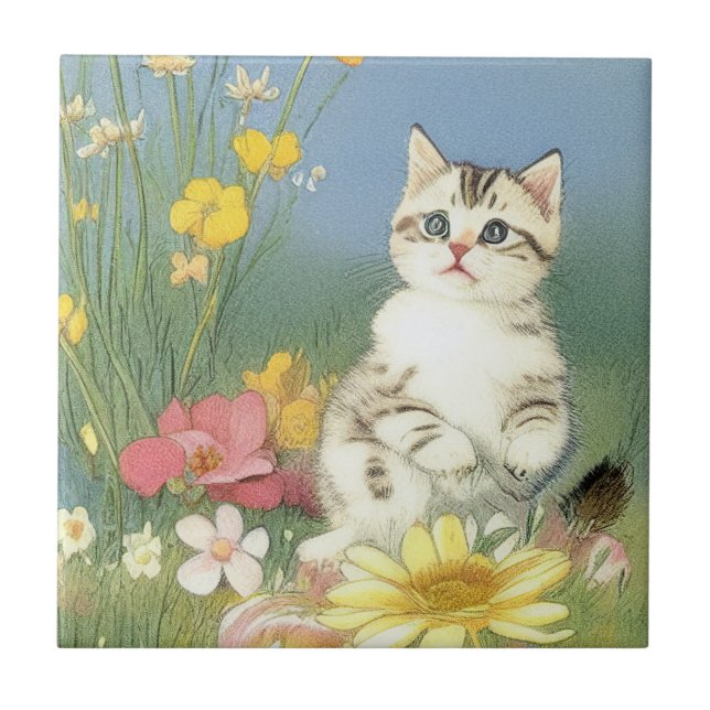 Vintage Kitten Illustration with Yellow Flowers Tile (Front)