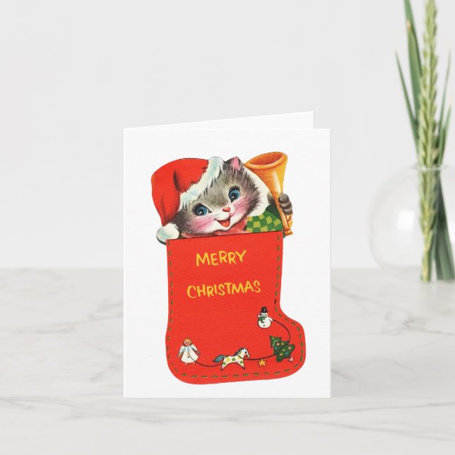 Vintage Kitten in Christmas Stocking Card (Front)
