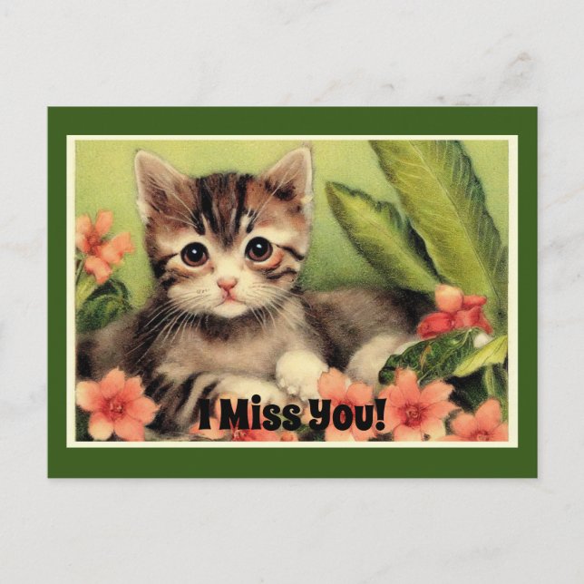 Vintage Kitten In Flowers Postcard (Front)