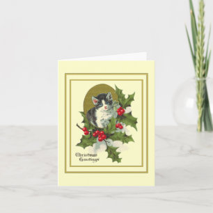 Vintage Kitten in Holly Card
