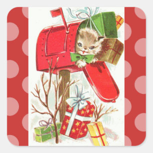 Vintage Kitten in Mailbox Christmas Sticker