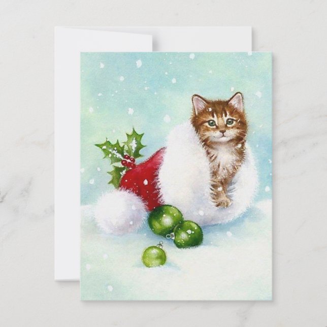 Vintage Kitten In Santa Hat Holiday Card (Front)
