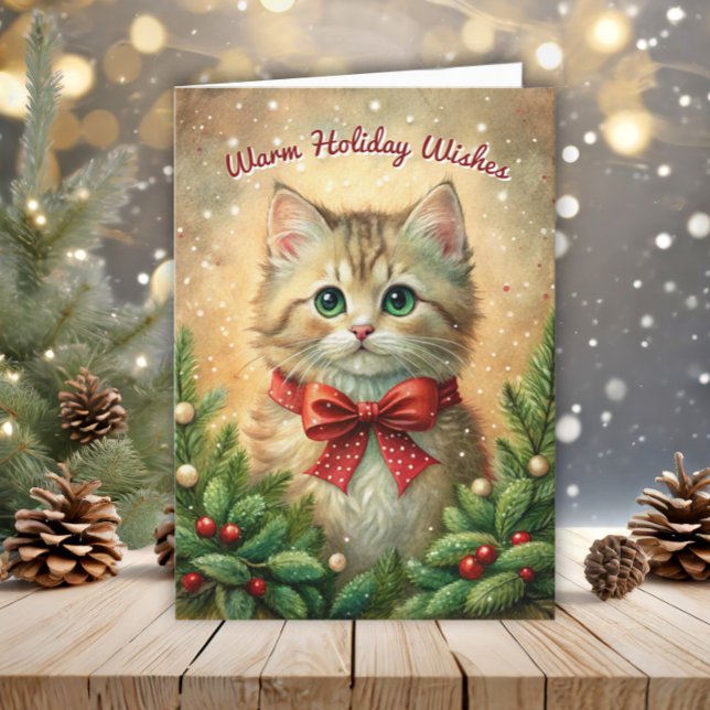 Vintage Kitten Warm Holiday Wishes Festive (Vintage cat Christmas folded greeting card)