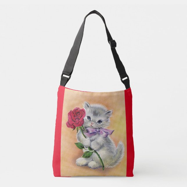 Vintage Kitten With Rose Crossbody Bag (Front)