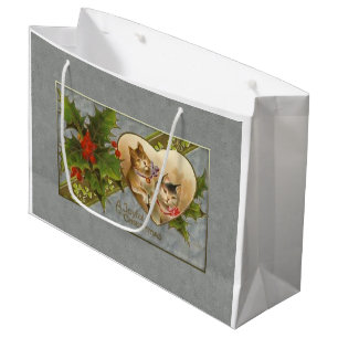 Vintage Kittens and Holly Personalised Large Gift Bag