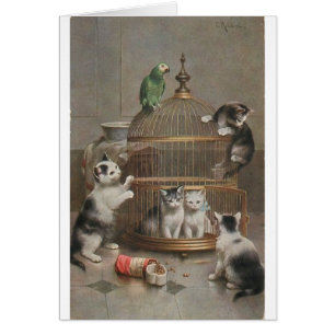 Vintage - Kittens and Parrot,