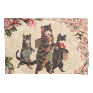 Vintage Kittens Going to School Print: Victorian Pillowcase