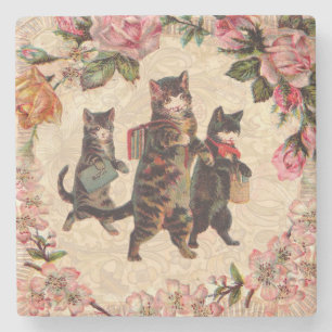 Vintage Kittens Going to School Print: Victorian Stone Coaster