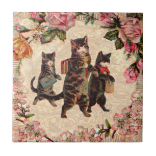 Vintage Kittens Going to School Print: Victorian Tile