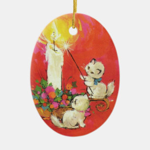 Vintage Kittens Lighting a candle Ceramic Tree Decoration