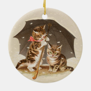 Vintage Kittens Under Umbrella Antique Cat art Ceramic Tree Decoration