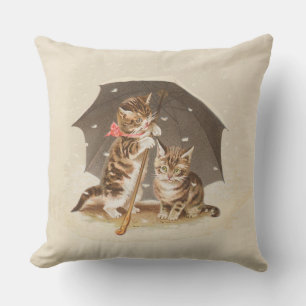 Vintage Kittens Under Umbrella Antique Cat art Cushion