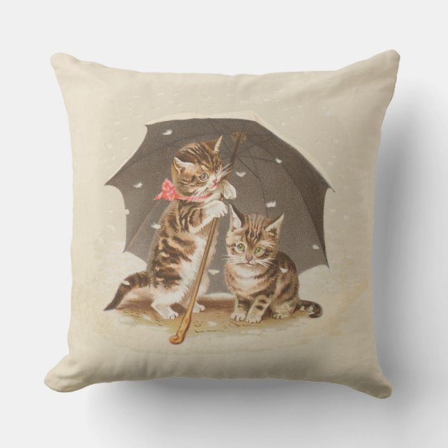 Vintage Kittens Under Umbrella Antique Cat art Cushion (Front)