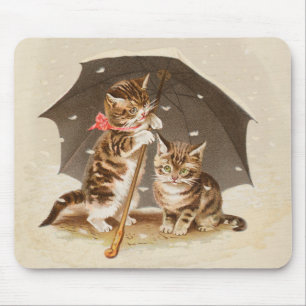 Vintage Kittens Under Umbrella Antique Cat art Mouse Pad