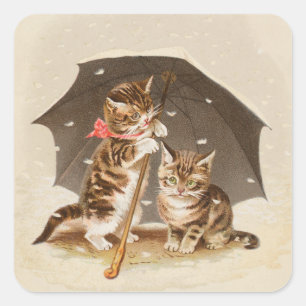 Vintage Kittens Under Umbrella Antique Cat art Square Sticker