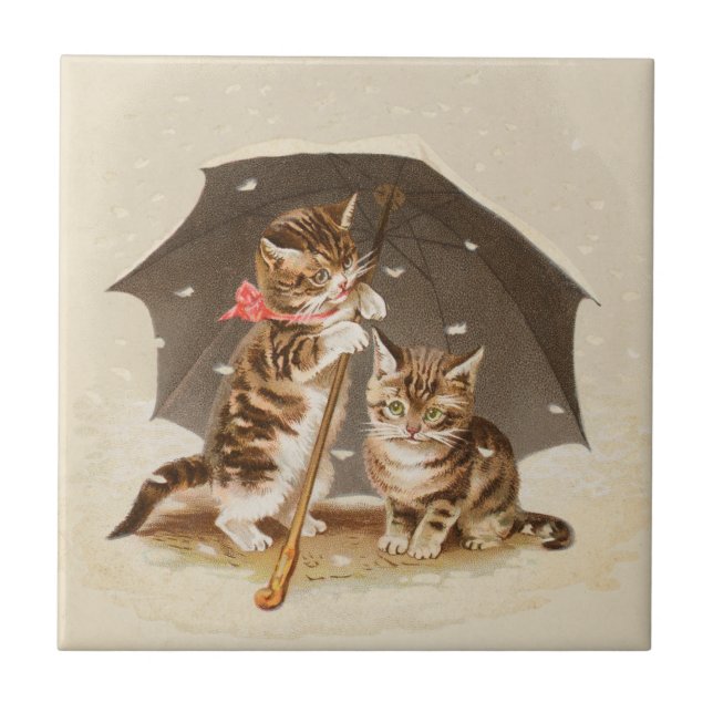 Vintage Kittens Under Umbrella Antique Cat art Tile (Front)