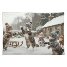 Vintage Kitties Snowball Fight Cloth Placemat