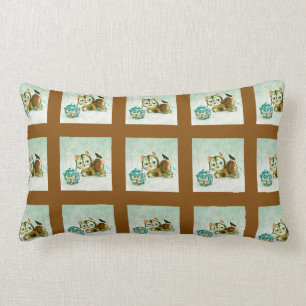 Vintage Kitty in Brown Plaid Lumbar Cushion