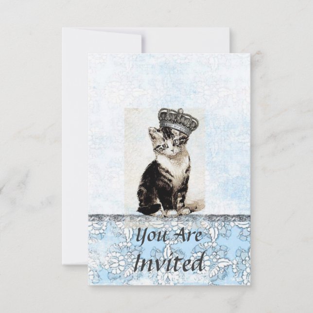 Vintage Kitty with Crown Blue Invitation (Front)
