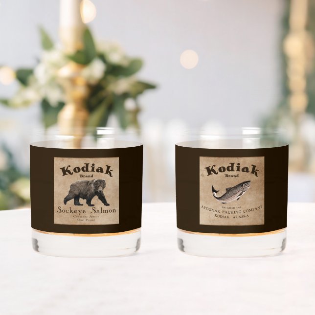 Vintage Kodiak Salmon Label (Bear) Whiskey Glass (Insitu (Wedding))