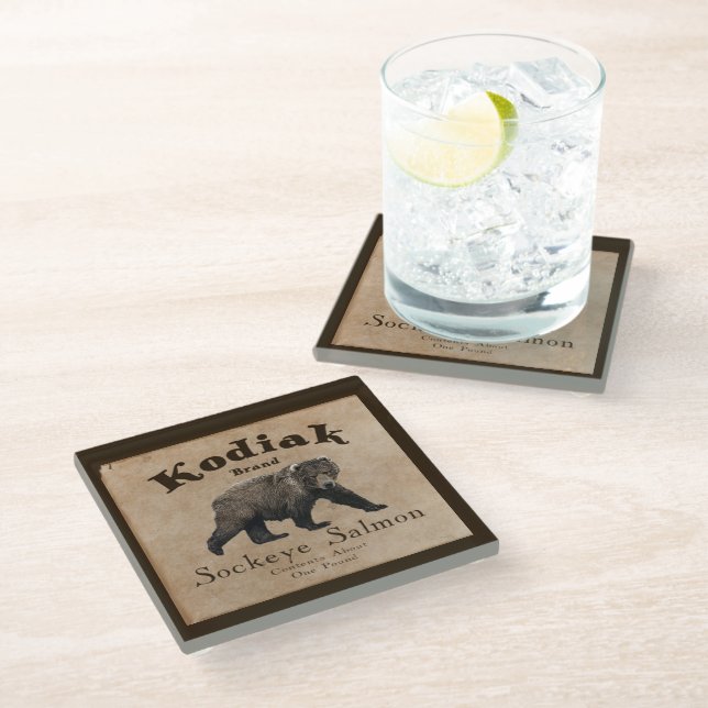 Vintage Kodiak Salmon Label Glass Coaster (Angled)
