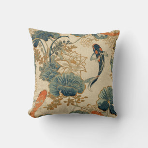 Vintage Koi Fish & Lotus - Japanese Garden Pond Cushion