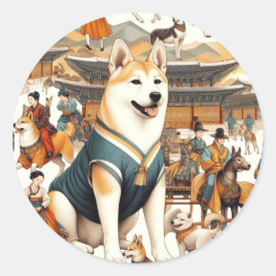 Vintage Korean Jindo Dog Seamless Illlustration Classic Round Sticker