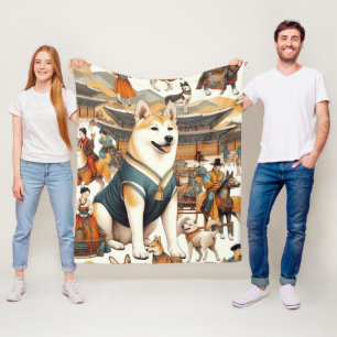 Vintage Korean Jindo Dog Seamless Illlustration Fleece Blanket