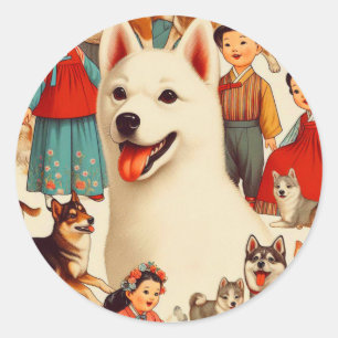 Vintage Korean Jindo Illustration Classic Round Sticker