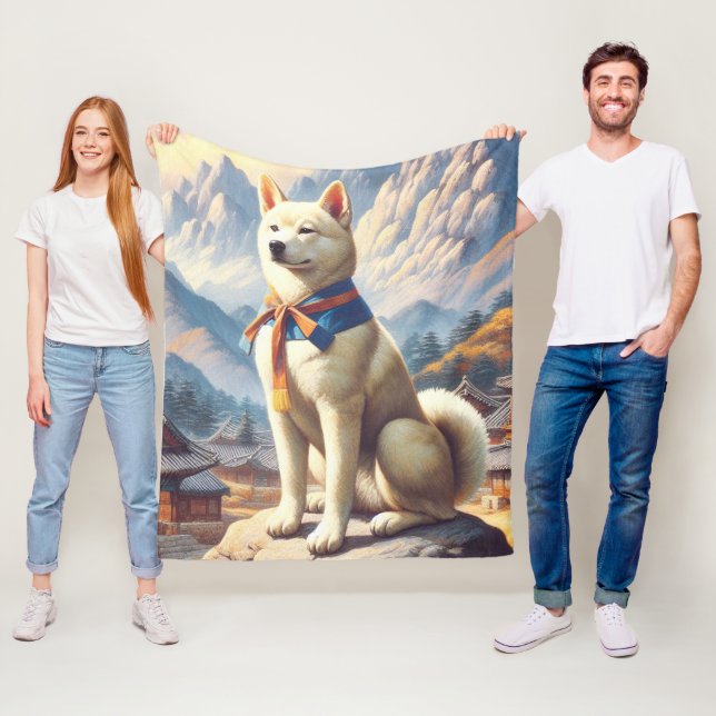Vintage Korean Jindo Illustration Fleece Blanket (In Situ)