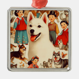 Vintage Korean Jindo Illustration Metal Tree Decoration