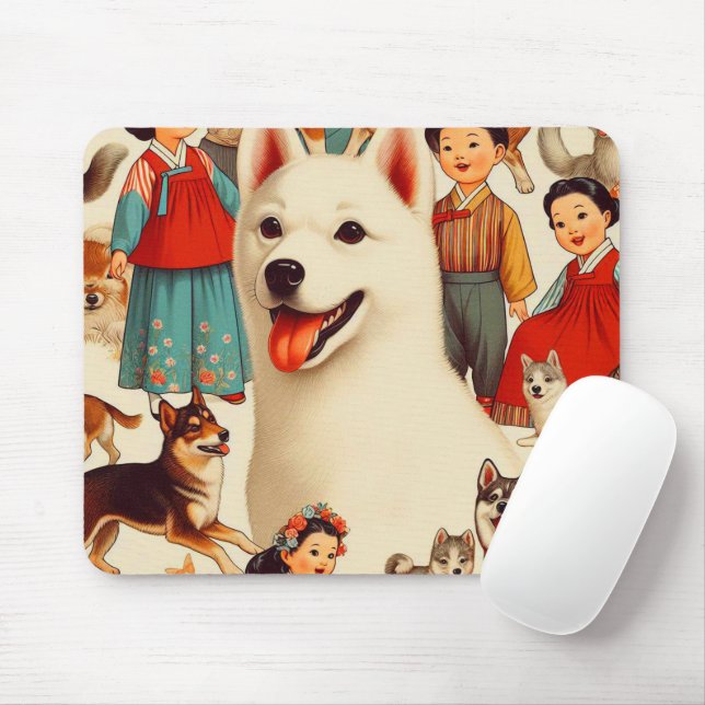 Vintage Korean Jindo Illustration Mouse Pad (With Mouse)