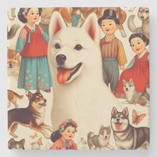 Vintage Korean Jindo Illustration Stone Coaster