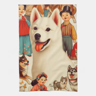 Vintage Korean Jindo Illustration Tea Towel