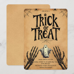 Vintage Kraft Trick or Treat Ghost Skeleton Invitation