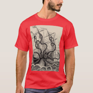 Vintage Kraken attacking ship illustration T-Shirt