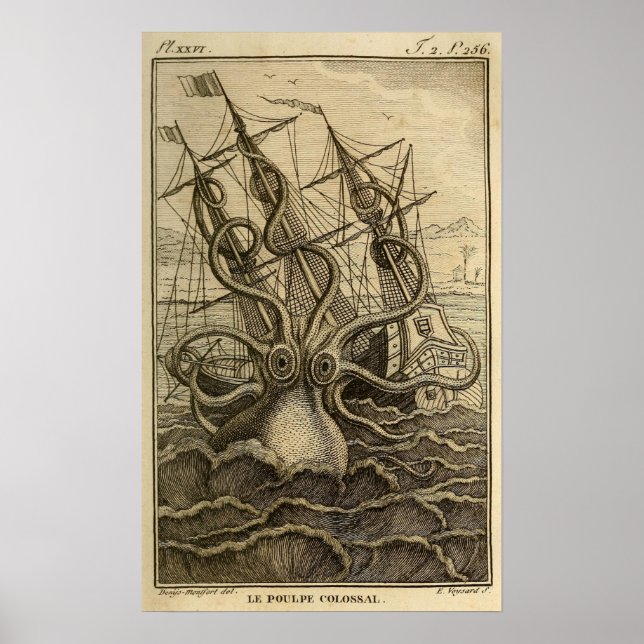 Vintage Kraken Giant Squid Sea Monster Ship Poster (Front)