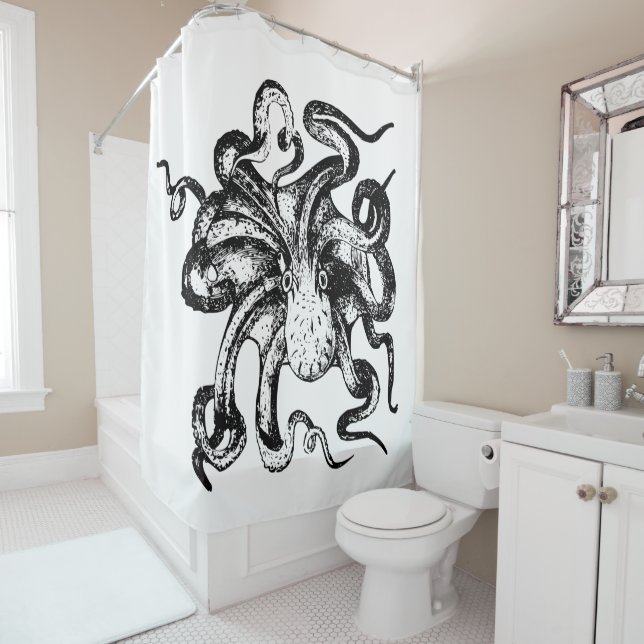 Vintage Kraken Octopus Sea Nautical Shower Curtain (In Situ)