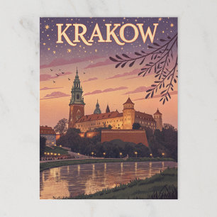 Vintage Kraków Wawel Castle Twilight Postcard