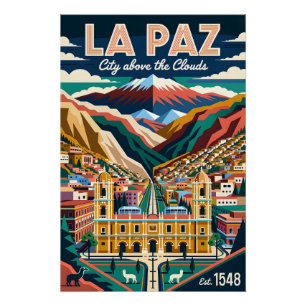 Vintage La Paz Bolivia Cityscape Retro Travel Poster